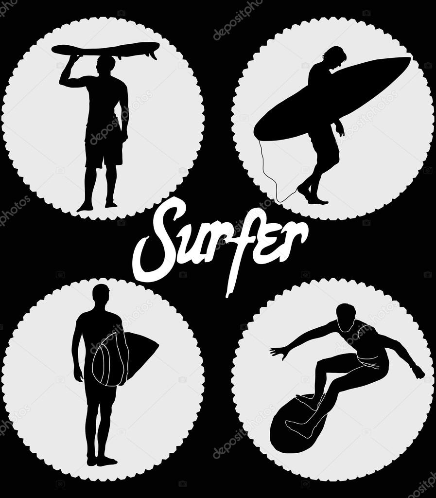 big set of black silhouettes of surfers