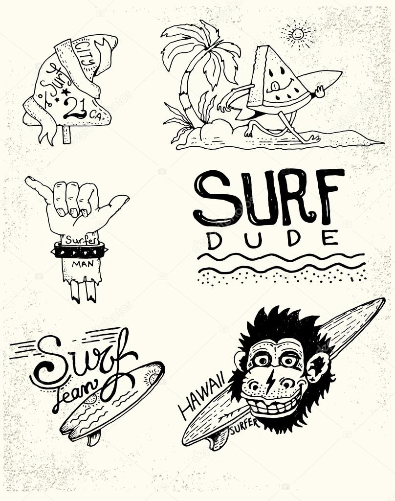 Set of vintage surfing and skateboarding