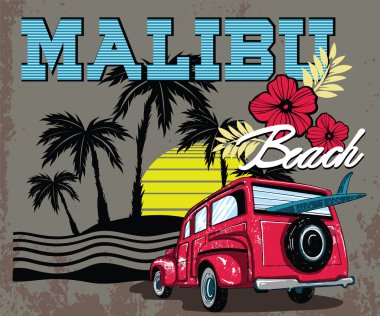Malibu Beach with Van Surf Illustration clipart