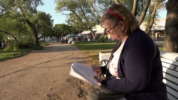 Pensionär läser noggrant böcker på en parkbänk i soliga säsongen — Stockvideo
