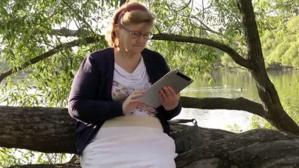 Літня жінка, сидячи на дереві в міському парку, надсилає електронного листа за допомогою планшета інформаційних технологій — стокове відео