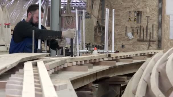 Rusia, San Petersburgo, pos. Lahti, ul. El taller de costa para la fabricación de embarcaciones de madera y barcos impregnados del olor de la madera con expertos profesionales multidisciplinarios — Vídeo de stock