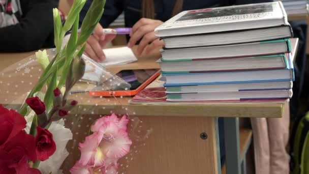 Alumnos de las clases medias sentados en un escritorio cerca de los libros de texto, libros y flores — Vídeo de stock