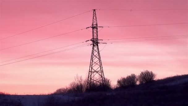 日没時の太陽の光線から紫がかった赤い空を背景にした高圧電力線 — ストック動画