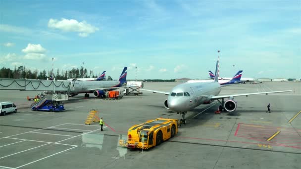 Aeropuerto de Moscú Sheremetyevo, Rusia - 25 de junio de 2016: remolque transporta remolque rígido remolque aviones de pasajeros más grandes "Aeroflot" aerolíneas — Vídeos de Stock