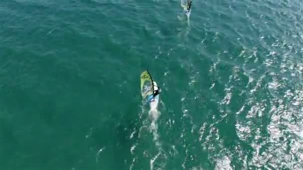 Два серфери пливуть хвилями чистого моря. — стокове відео