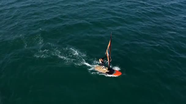 Surfista en un chaleco salvavidas monta una tabla con una vela — Vídeo de stock