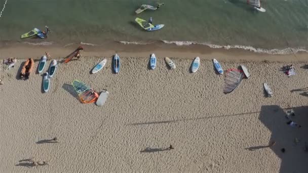 Весь пляж покрыт досками для серфинга — стоковое видео