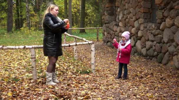 Mãe e filha soprar bolhas no parque em um fundo de folhagem amarela — Vídeo de Stock