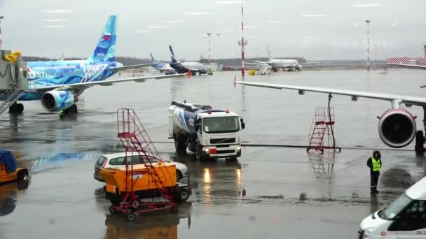 Rusia, San Petersburgo, 3 de marzo de 2015 - En el estacionamiento de aviones en el aeropuerto es la preparación de aviones — Vídeo de stock