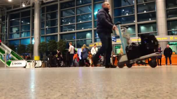 Venäjä, Moskova, Domodedovon lentokenttä, 6. maaliskuuta 2015 - Ihmiset liikkuvat ympäri huonetta Domodedovon lentokentällä Moskovassa — kuvapankkivideo