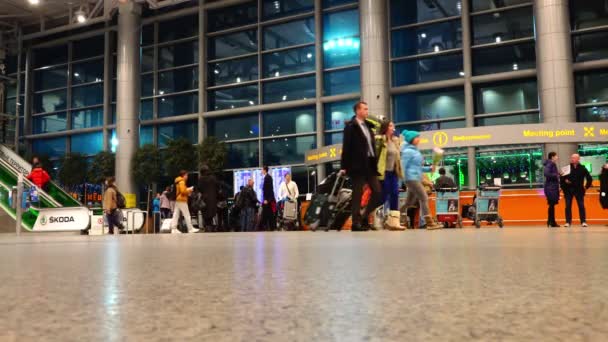 Rusko, Moskva, 6. březen 2015-cestující na letišti Domodedovo se pohybují ve směru letů — Stock video