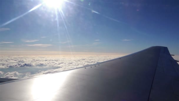 Volando en un avión a gran altura sobre el nivel del suelo por encima de las nubes — Vídeo de stock