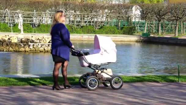 Frau läuft mit rosa Kinderwagen durch den Park — Stockvideo