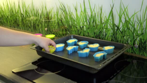 Moules remplis de silicone pour tartiner la pâte sur une plaque de cuisson dans la cuisine — Video