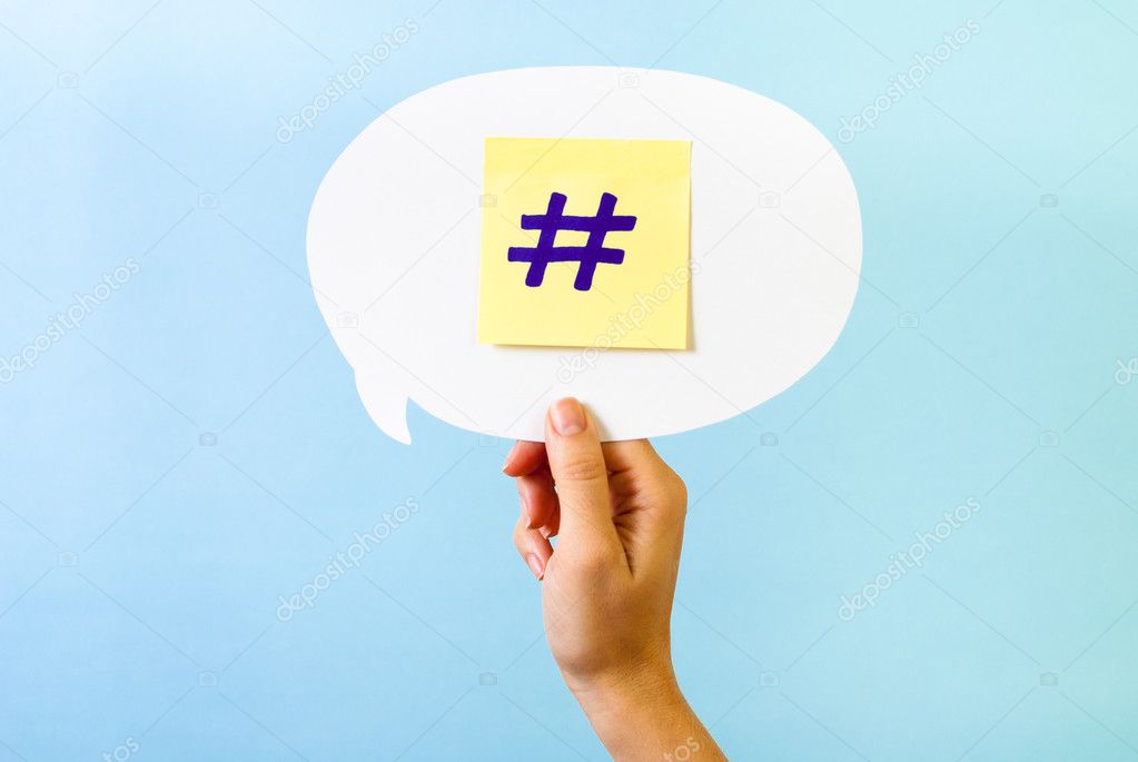 Social network hashtag, speech bubble on blue background.