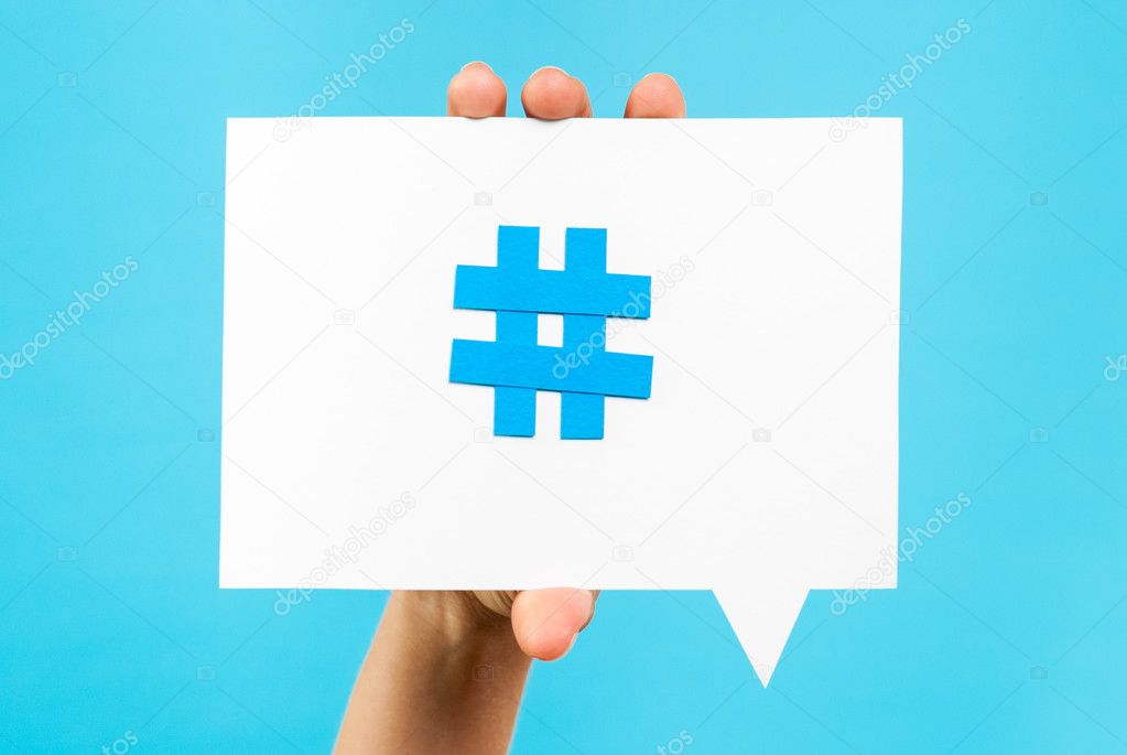 Hashtag notification concept on blue background.