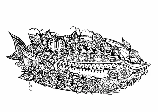 焼いたチョウザメの装飾的な図 — ストックベクタ