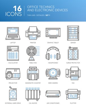 Detaylı ince çizgi simgeler. Office teknik ve elektronik cihazlar. 1 set