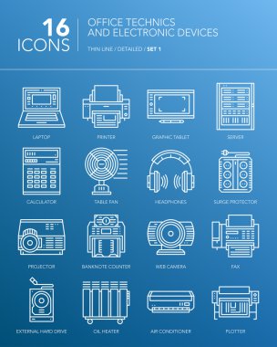 Detaylı ince beyaz çizgi simgeler. Office teknik ve elektronik cihazlar. 1 set