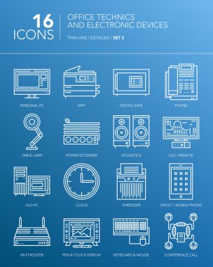 Detaylı ince beyaz çizgi simgeler. Office teknik ve elektronik cihazlar. 2 set