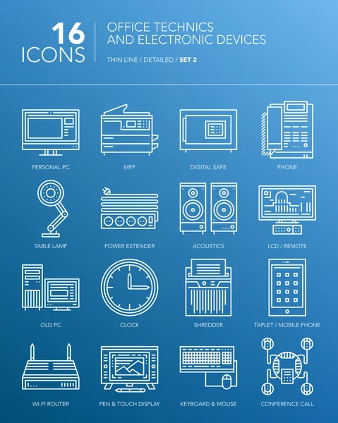 Podrobné ikony tenká bílá linie. Kancelář techniky a elektronických zařízení. Sada 2 — Stockový vektor
