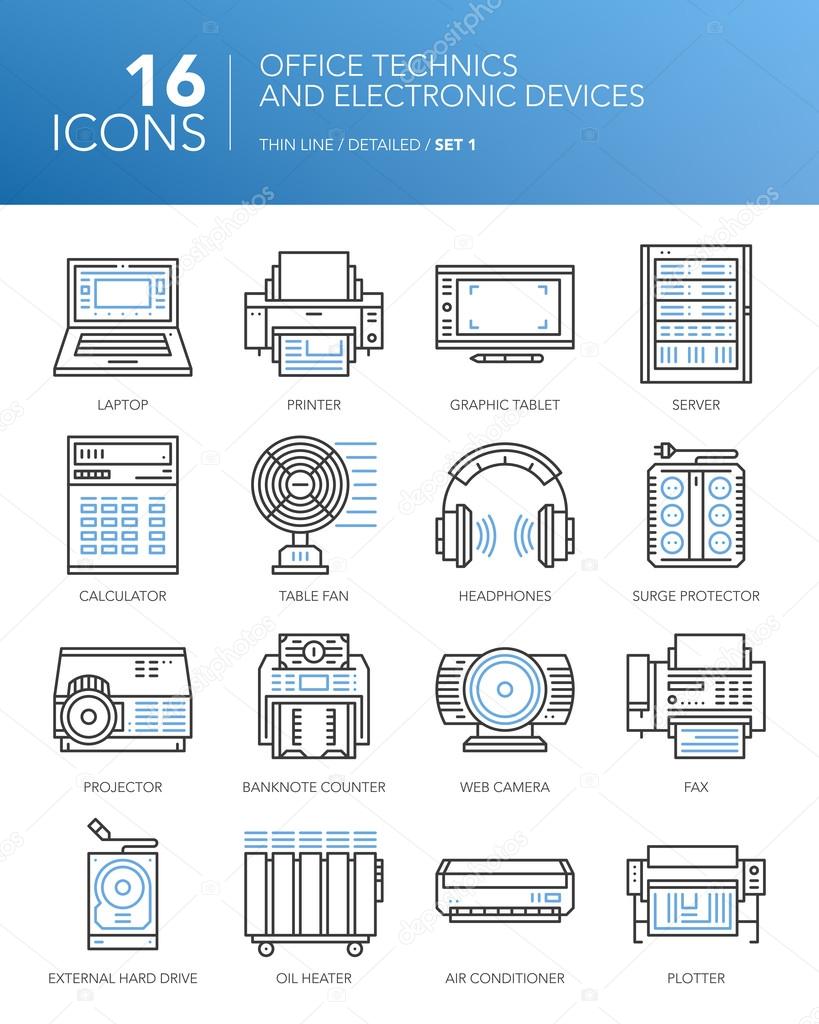 Detailed thin line icons. Office technics and electronic devices. Set 1