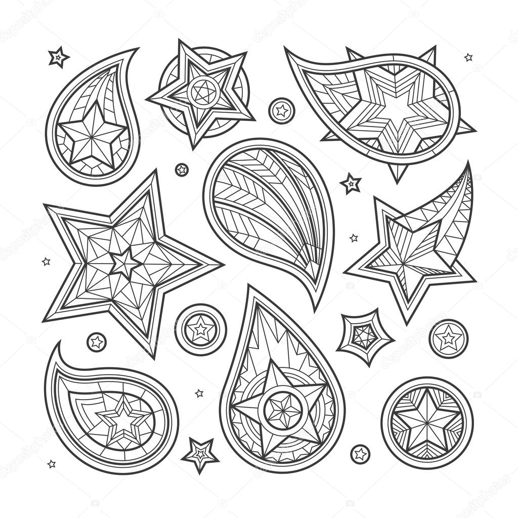 Hand drawn star swirls paisley and decorative elements