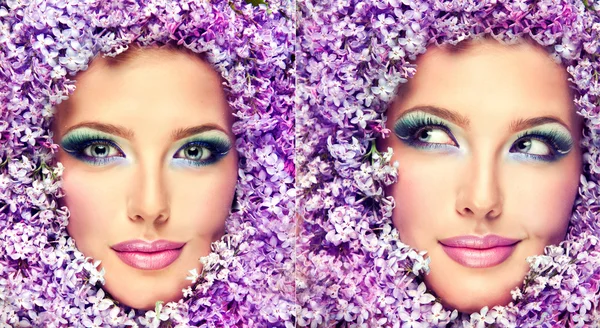 Cara de mujer en flores lila —  Fotos de Stock