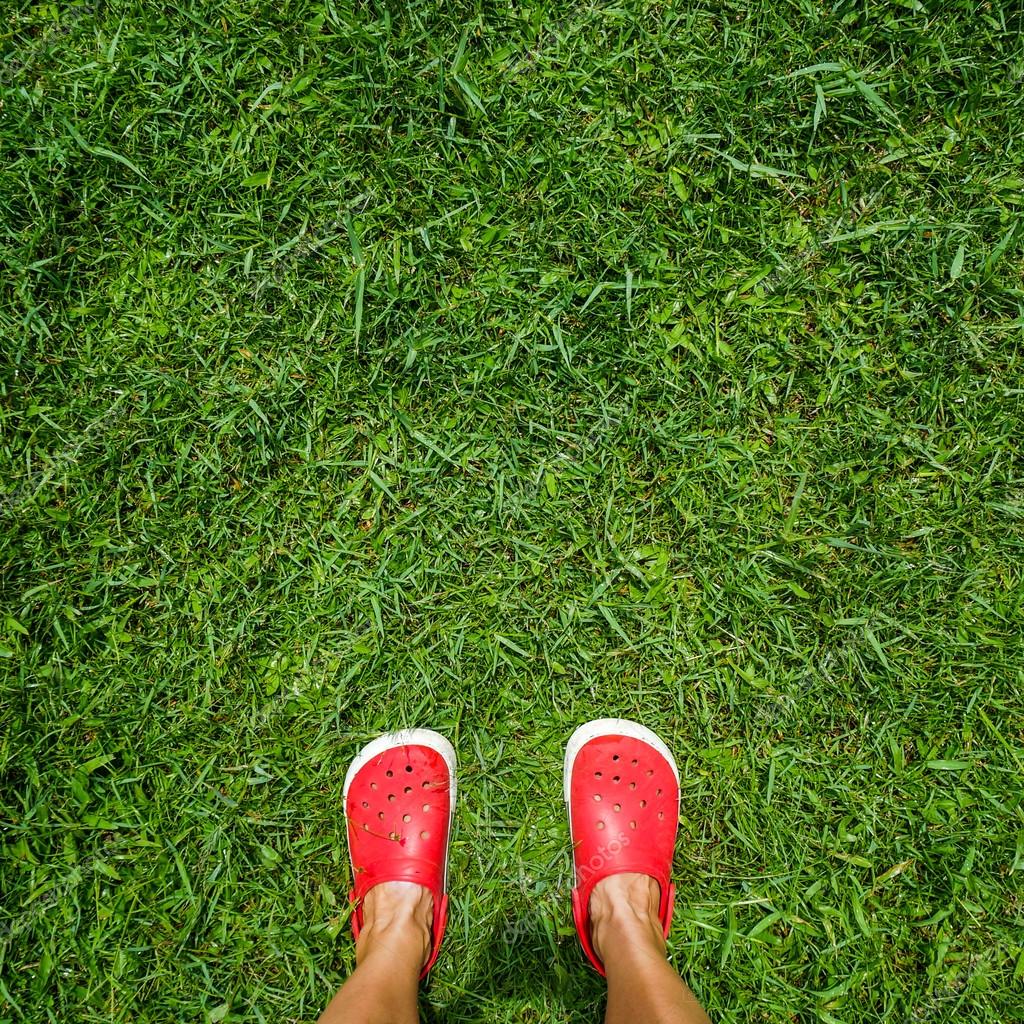 Feet in red crocs on a green grass 