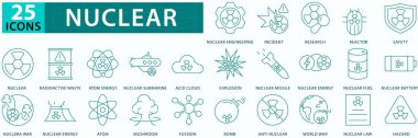 Nükleer ile ilgili taslak simgelerini ayarla. Doğrusal simge koleksiyonu. Düzenlenebilir felç. Vektör illüstrasyonu