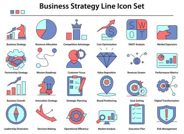 İş stratejisi çizgisi simgesi, planlama, vizyon, hedefler, analiz, karar verme, liderlik, büyüme ve performans örneklerini sunuyor. UI / UX, web, uygulamalar, gösterge panelleri ve sunumlar için temiz modern taslak biçimi.