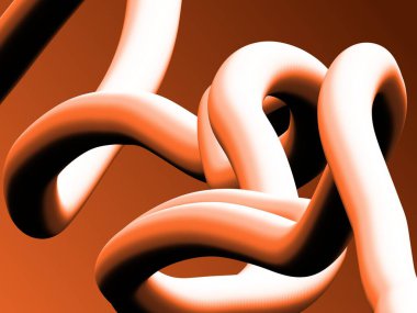 Soyut turuncu ve beyaz üç boyutlu kıvrımlı kurdele döngüleri koyu kahverengi arka planda kalın kıvrımlarla