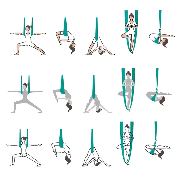 Conjunto de iconos yoga con posturas hamaca — Vector de stock