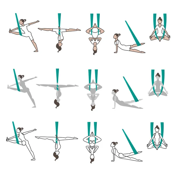 Set van pictogrammen yoga met hangmat poses — Stockvector