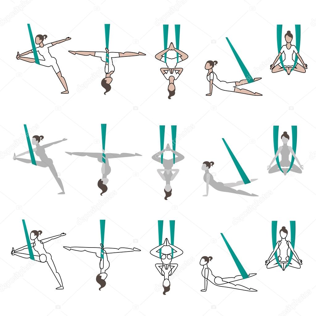 set of icons yoga with hammock poses