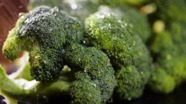Brokoli ile su damlaları, Güzel Makro 4k video, çiğ organik sebzeler, bahçedeki organik hasatlar, tarım, tarım...