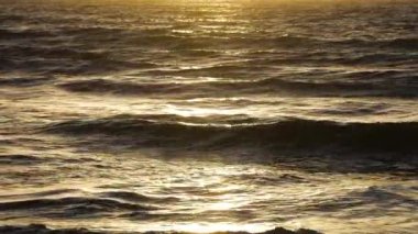 Sunset 'te fırtınalı deniz, doğal dramatik deniz manzarası. Gün batımı ya da gündoğumu güneşi altın dalgalar, okyanus ve deniz boyunca parıldıyor ağır çekim 4k