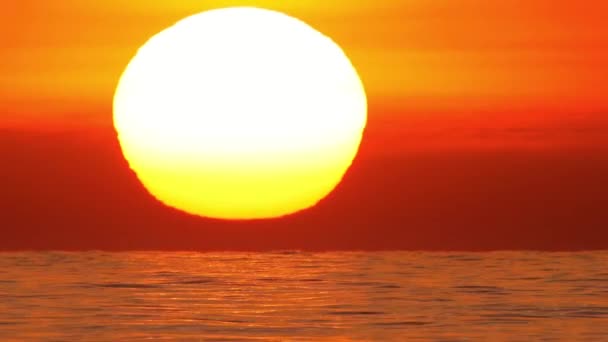 Big Sun al tramonto 4k sul mare o Ocean Time Lapse, primo piano teleobiettivo. Viaggio, Inizio, Natura Concetto — Video Stock