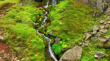 Dağ deresindeki kayaların üzerinden akan su. Dağ deresindeki kayaların üzerinden akan sular kıyılar boyunca yemyeşil çimlerle çevrilidir. Sahne doğanın güzelliğini yakalar. Yüksek kalite 4k görüntü