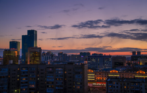 Astana. Kazakhstan. Evening sky and buildings of Astana Kazakhstan, March 18