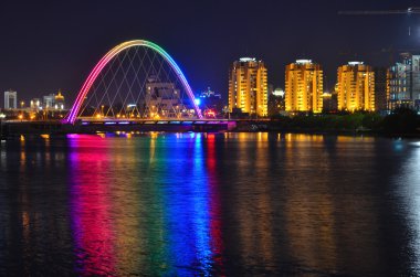 Yeşil nehir üzerinde köprü görünümünü. Kazakistan, Astana.