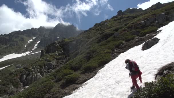 Backpacker wandern in der Natur — Stockvideo