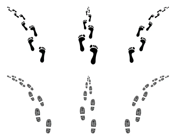 Černé Stopy Bot Bosých Nohou Jít Rovně Nebo Odbočit Vpravo — Stockový vektor