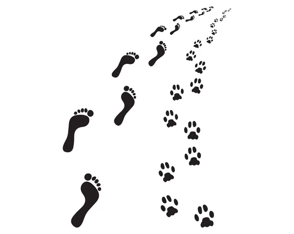 白地に人と犬の足跡 左または右に曲がります — ストックベクタ