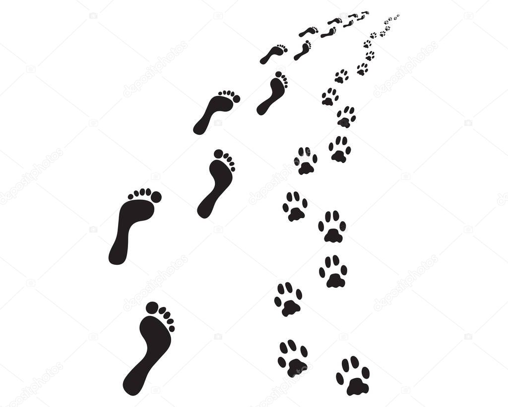 Footprints of man and dog on a white background, turn left or right