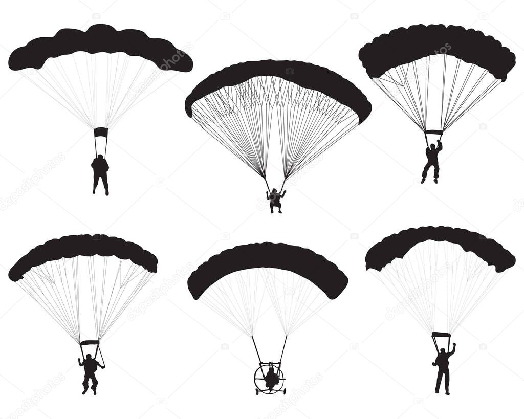 Black silhouettes of paratroopers on a white background