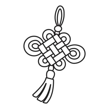 Dekoratif püsküllü geleneksel Çin düğümünün minimalist çizgisi çizimi.