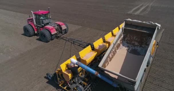 A semear. Um fazendeiro carrega grãos em uma semeadora de um caminhão. — Vídeo de Stock