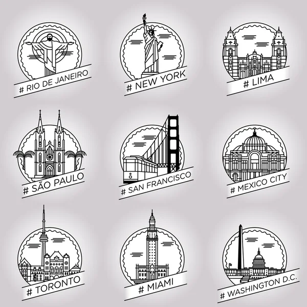 Ligne vectorielle rio de janeiro, new york, lima, sao paulo, san francisco, mexico city, toronto, miami, washington d.c. city badge set Vecteur En Vente